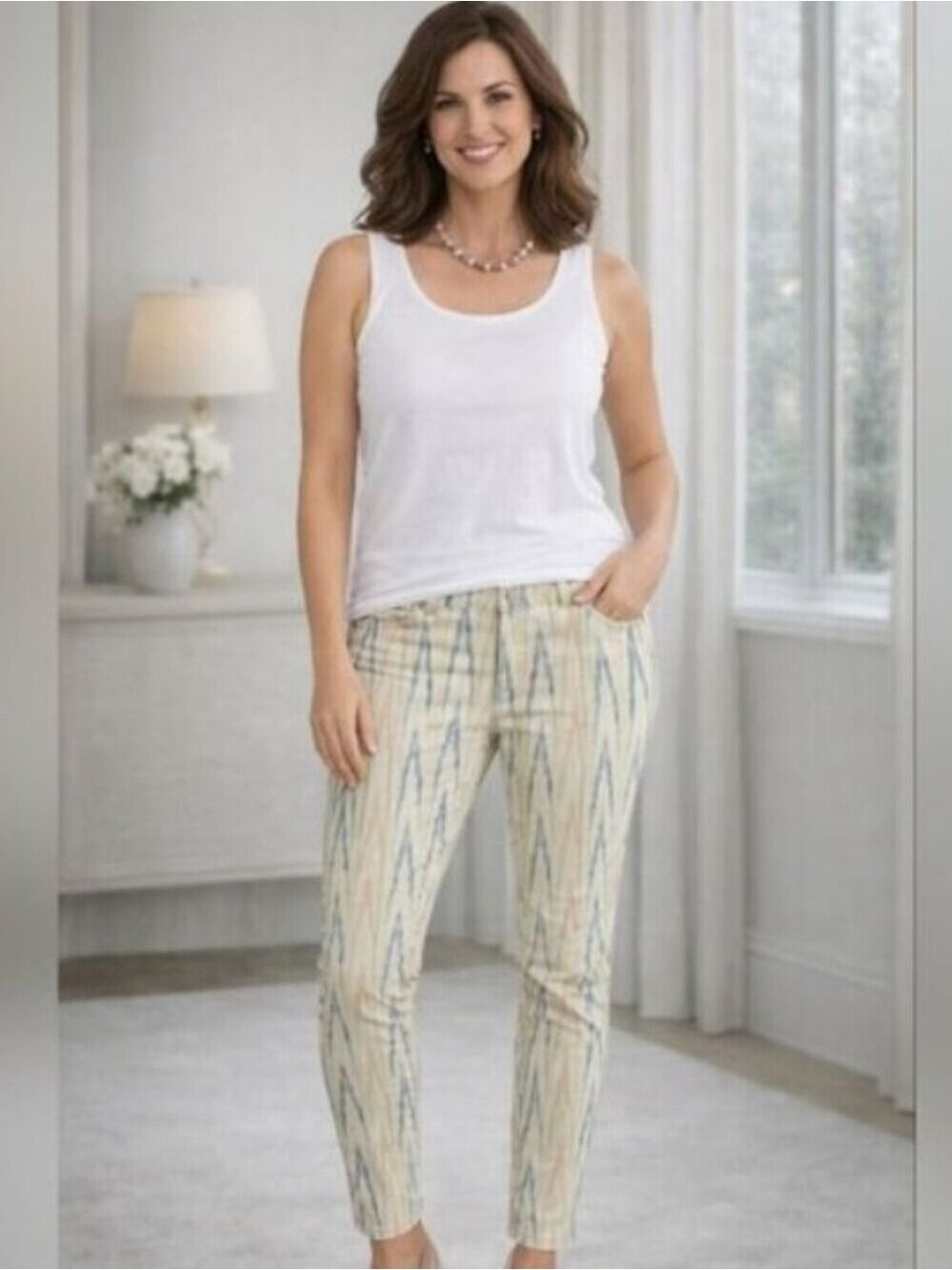 Loft Yellow Blue Ikat Print Modern High Waist Skinny Jeans Size 25 / 0